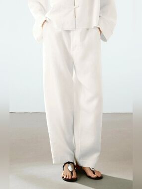 Massimo Dutti White Linen Barrel Fit Trousers Size 8